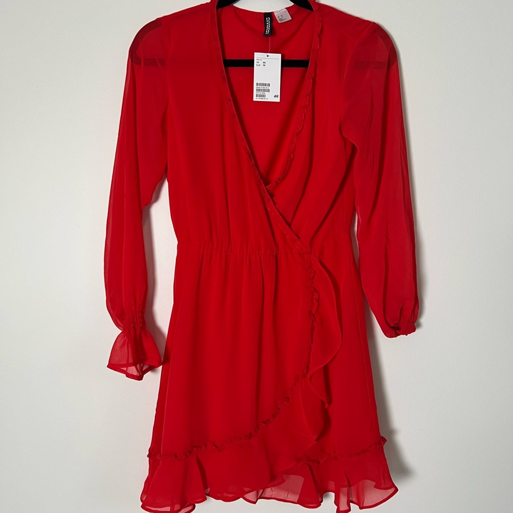 H&M Red Wrap Midi Dress with Bishop Sleeves